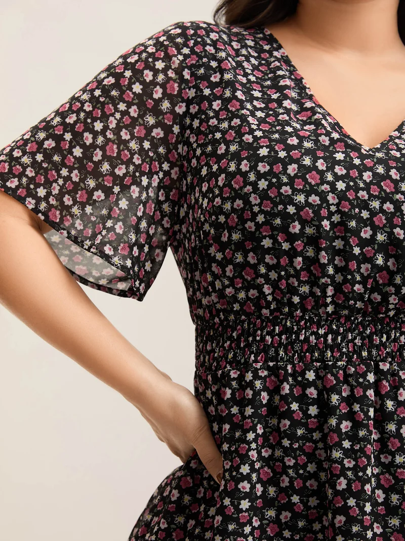 Floral Print Shirred Waist Cinched Shirt
