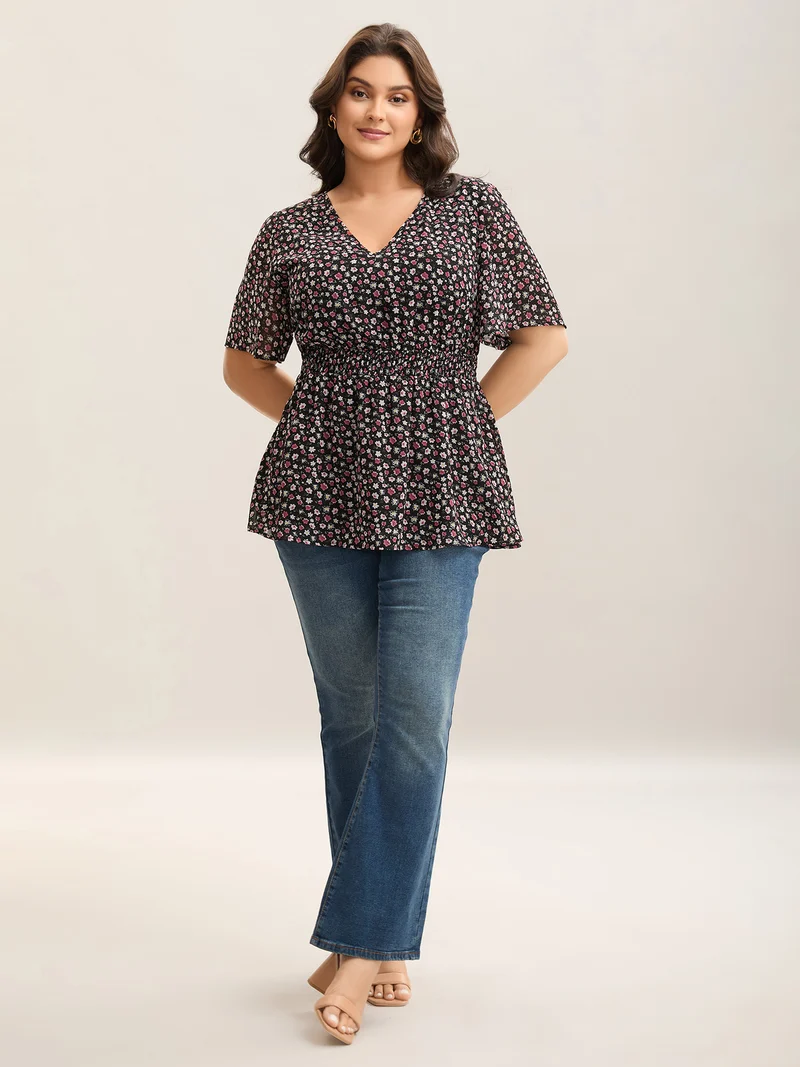 Floral Print Shirred Waist Cinched Shirt
