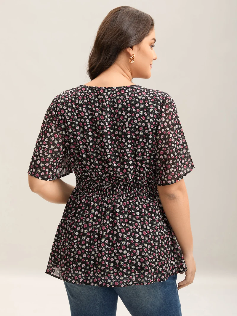 Floral Print Shirred Waist Cinched Shirt