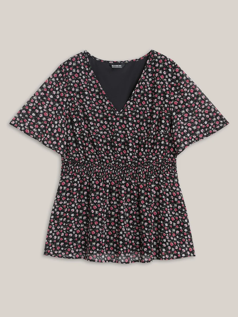 Floral Print Shirred Waist Cinched Shirt
