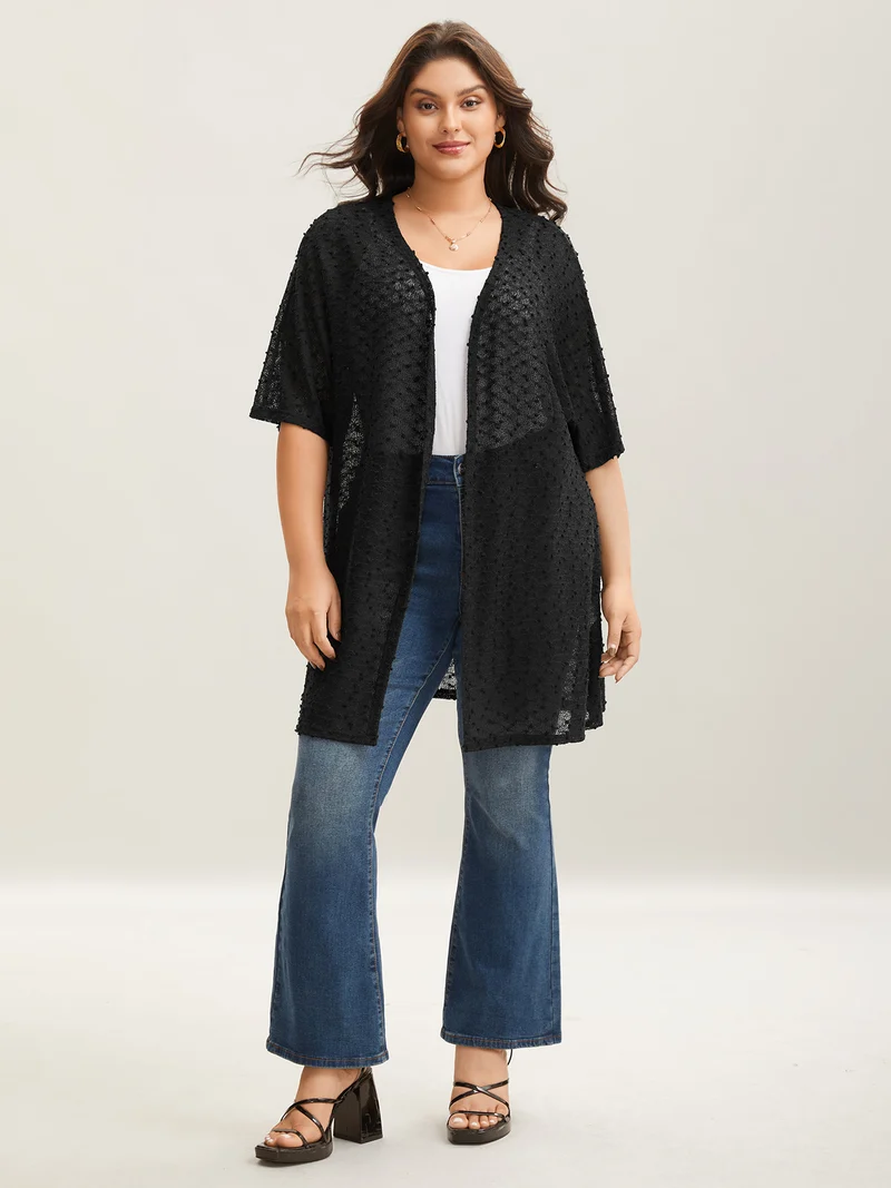 Knit Textured Sheer Swim Kimono Cover-Up