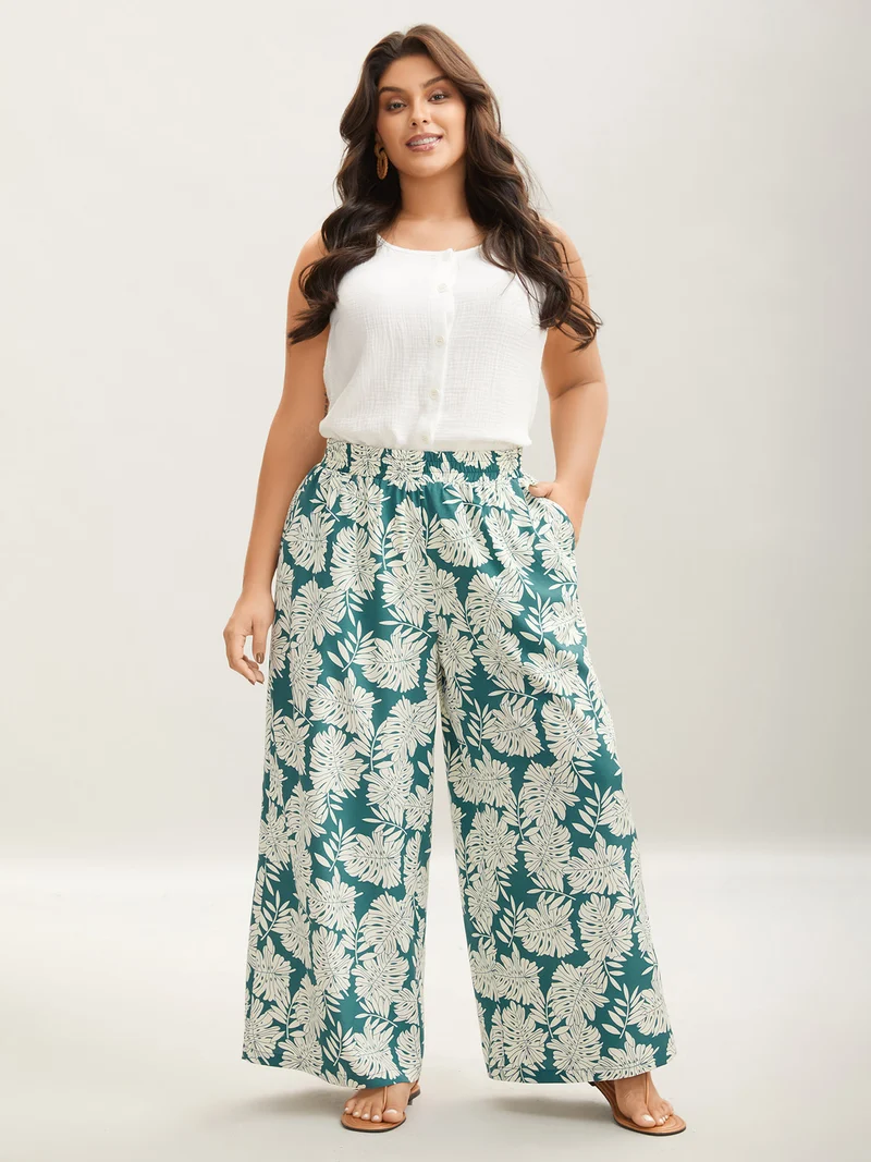 Tropical Leaf Pattern Shirred Wide-Leg Pants
