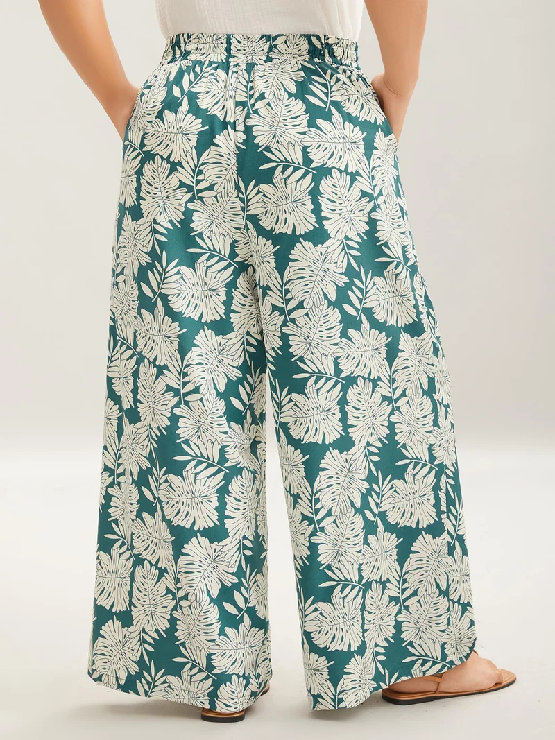 Tropical Leaf Pattern Shirred Wide-Leg Pants