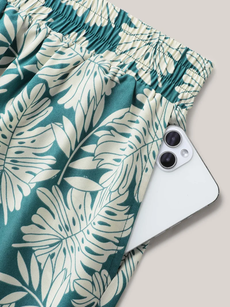 Tropical Leaf Pattern Shirred Wide-Leg Pants