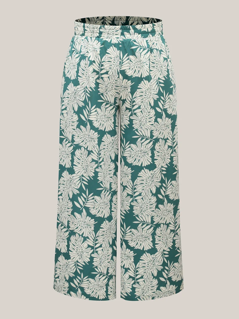 Tropical Leaf Pattern Shirred Wide-Leg Pants