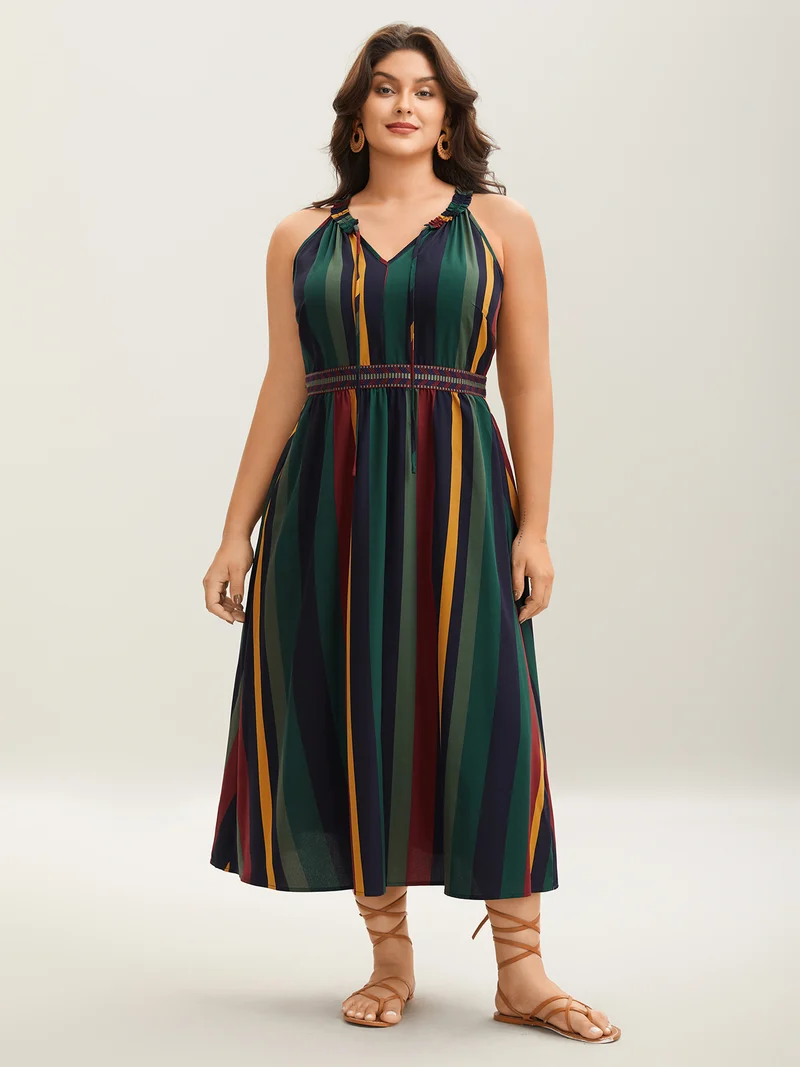 Multi-Color Stripes Waist-Defining Midi Dress