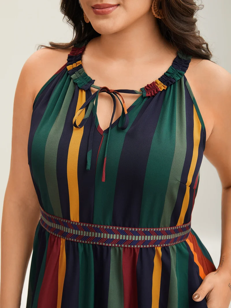 Multi-Color Stripes Waist-Defining Midi Dress