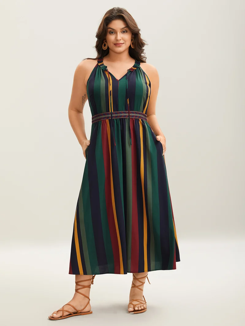 Multi-Color Stripes Waist-Defining Midi Dress