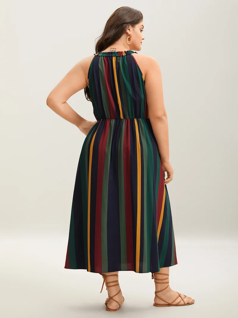 Multi-Color Stripes Waist-Defining Midi Dress