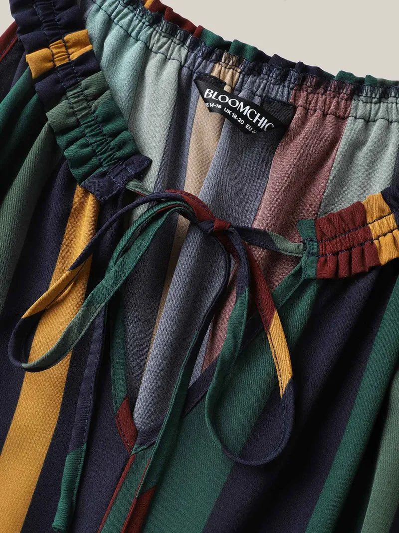 Multi-Color Stripes Waist-Defining Midi Dress