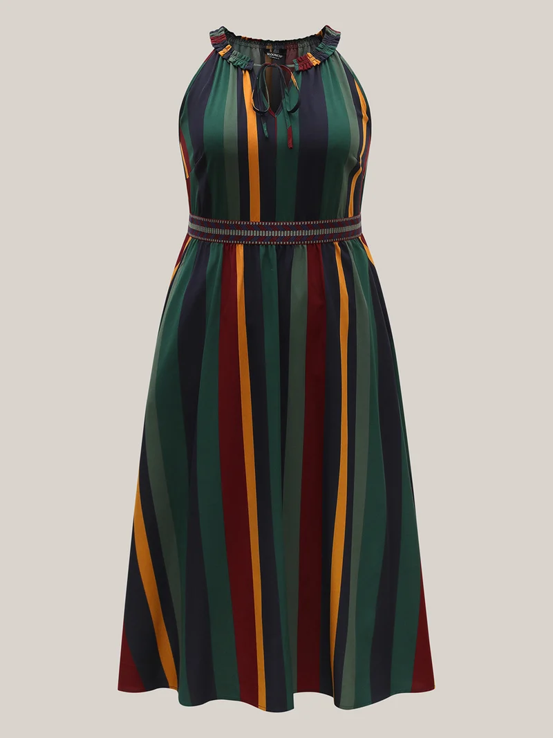 Multi-Color Stripes Waist-Defining Midi Dress