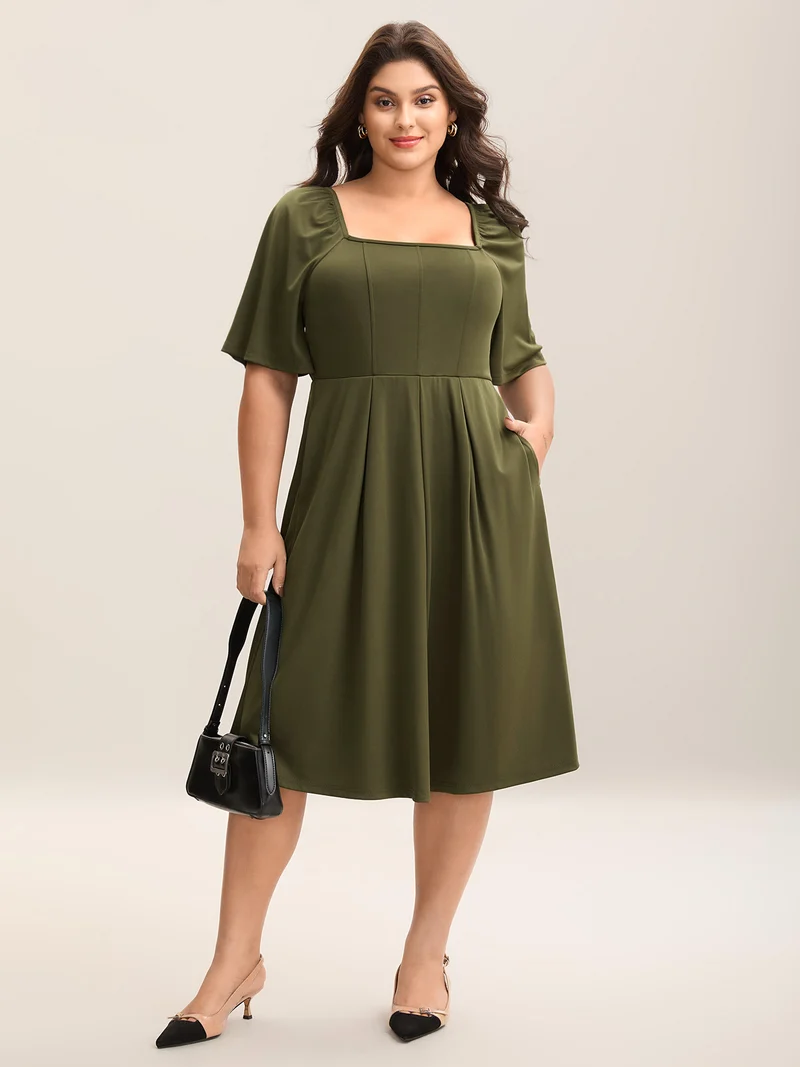 Stretchy Plicated Detail Square Neck Dress