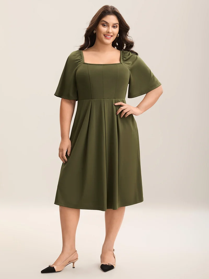 Stretchy Plicated Detail Square Neck Dress