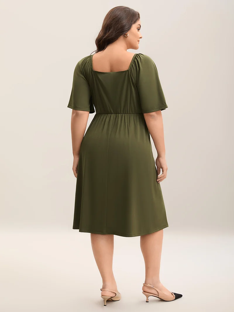 Stretchy Plicated Detail Square Neck Dress