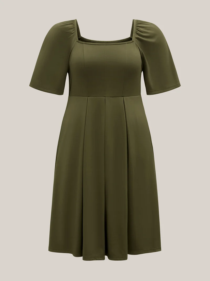 Stretchy Plicated Detail Square Neck Dress