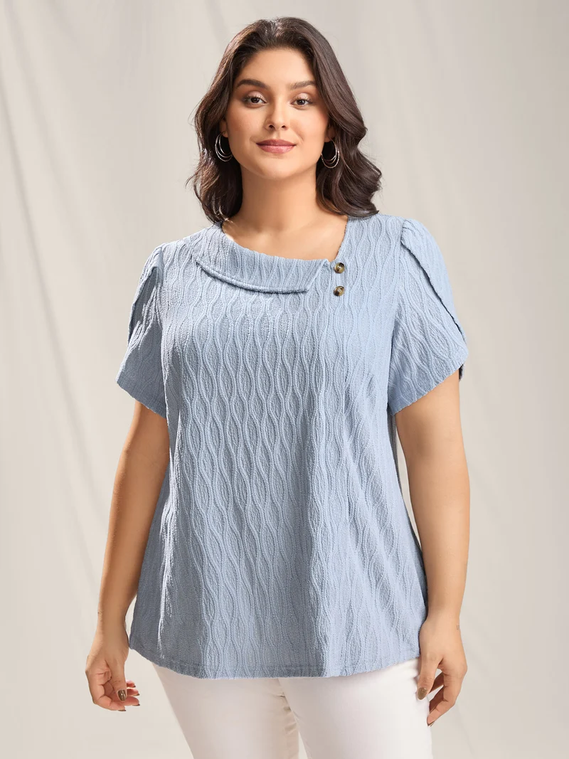 Asymmetrical Collar Textured Plain Blouse