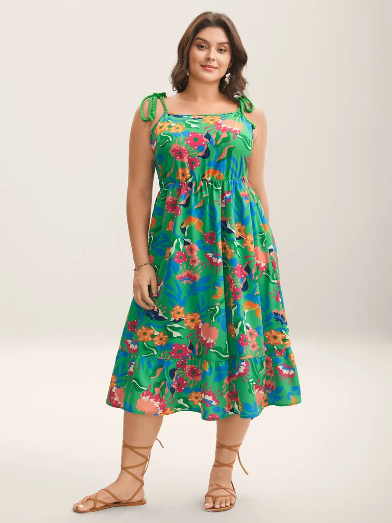 Floral Print Braided Shoulder Straps Midi Dress