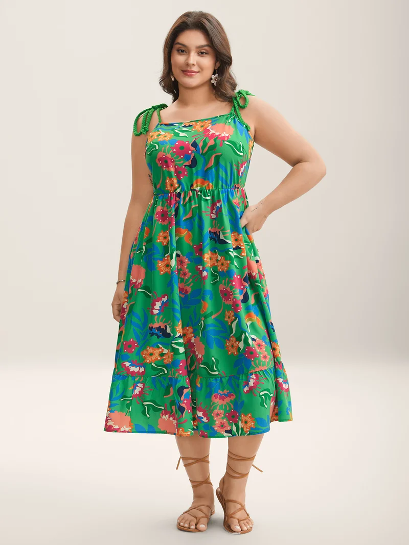 Floral Print Braided Shoulder Straps Midi Dress