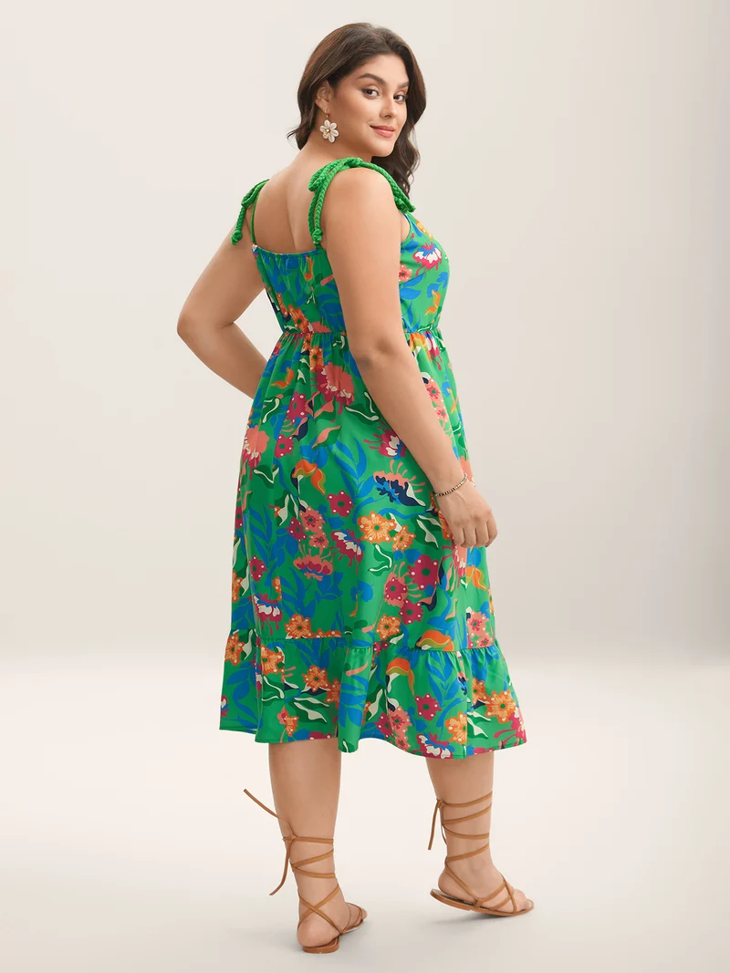 Floral Print Braided Shoulder Straps Midi Dress