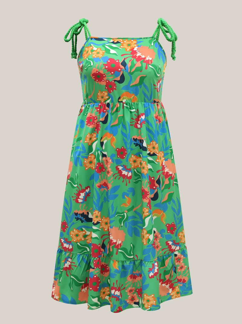 Floral Print Braided Shoulder Straps Midi Dress