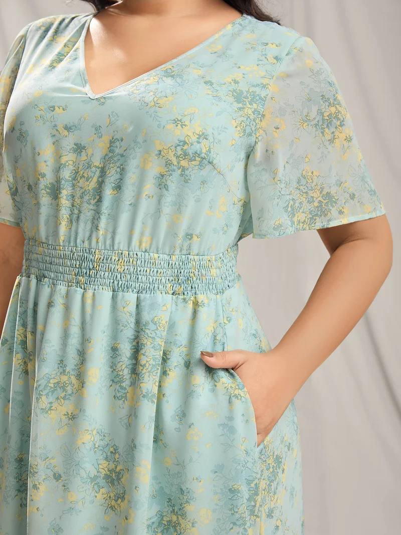 Breezy Floral Shirred Pockets Maxi Dress