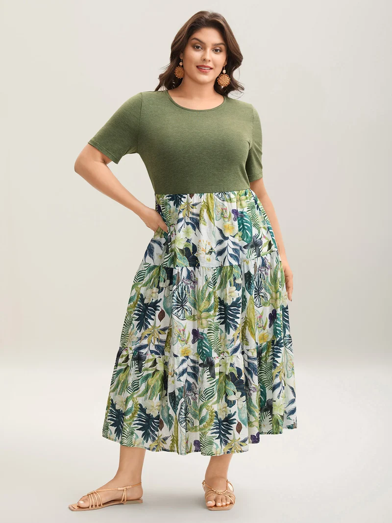 Tropical Floral Print Spliced Maxi Dress