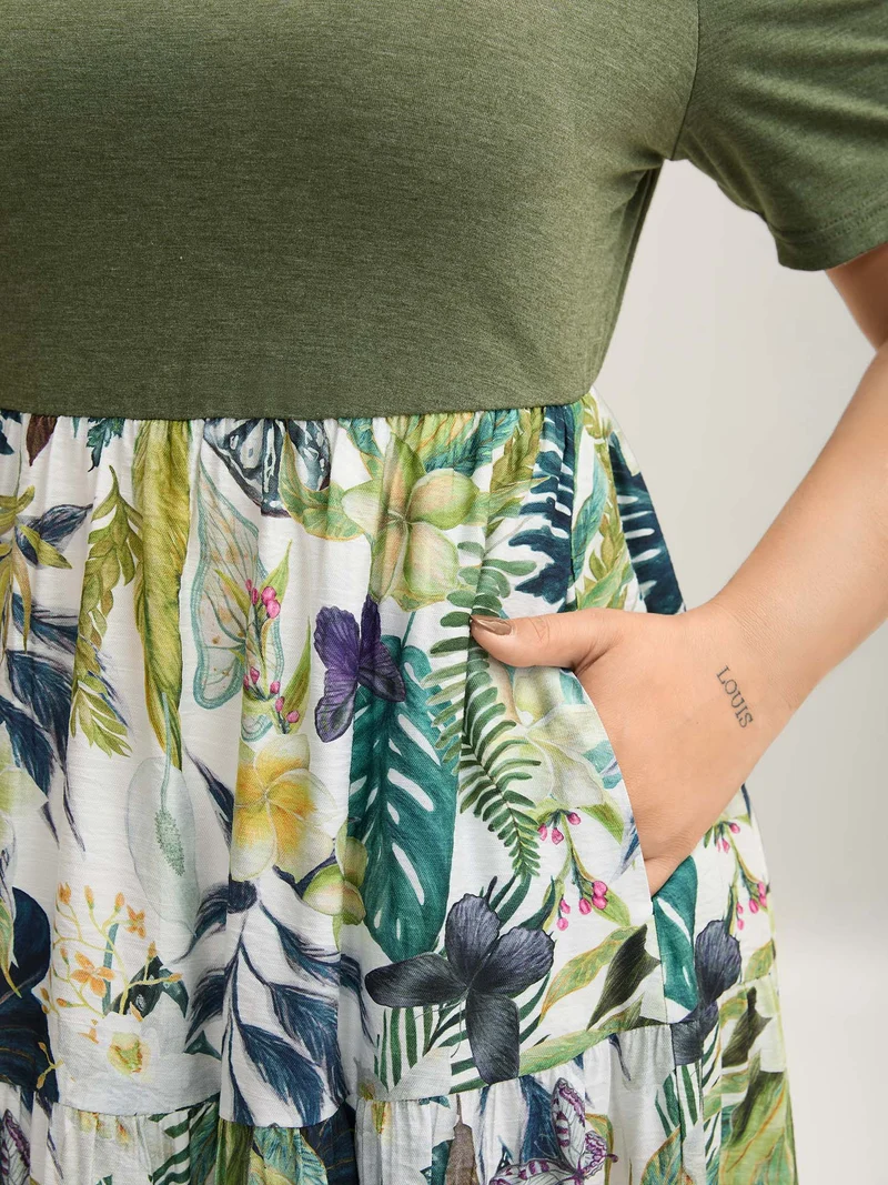 Tropical Floral Print Spliced Maxi Dress
