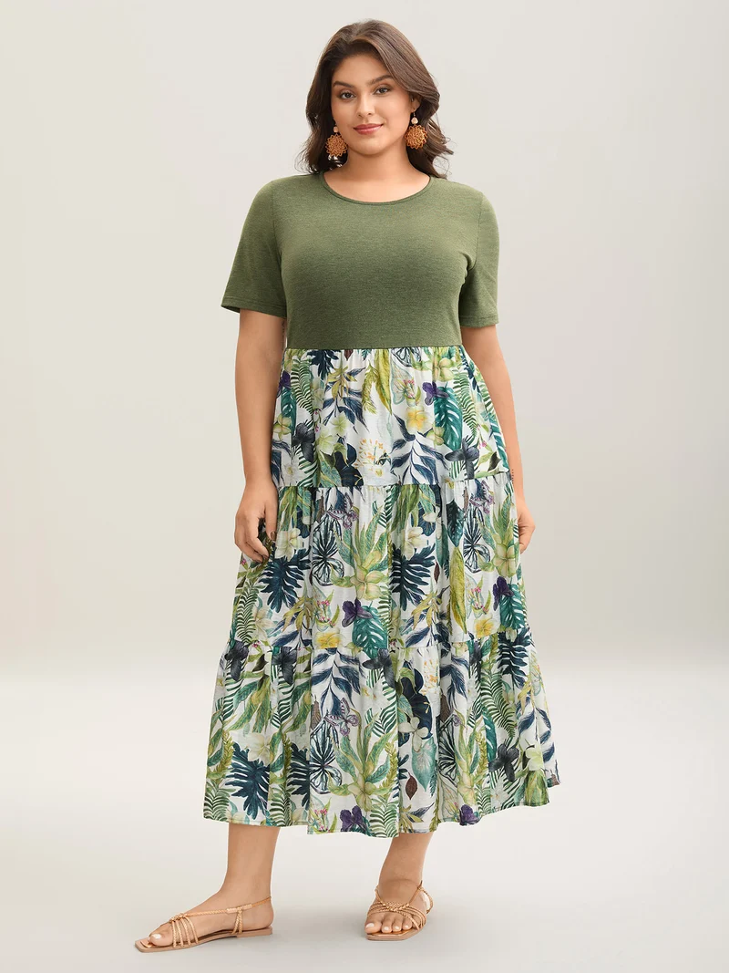 Tropical Floral Print Spliced Maxi Dress