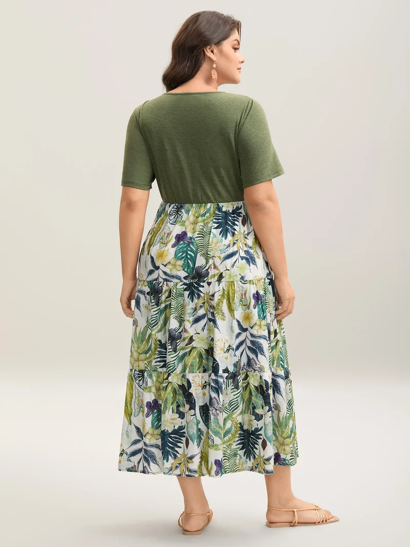 Tropical Floral Print Spliced Maxi Dress