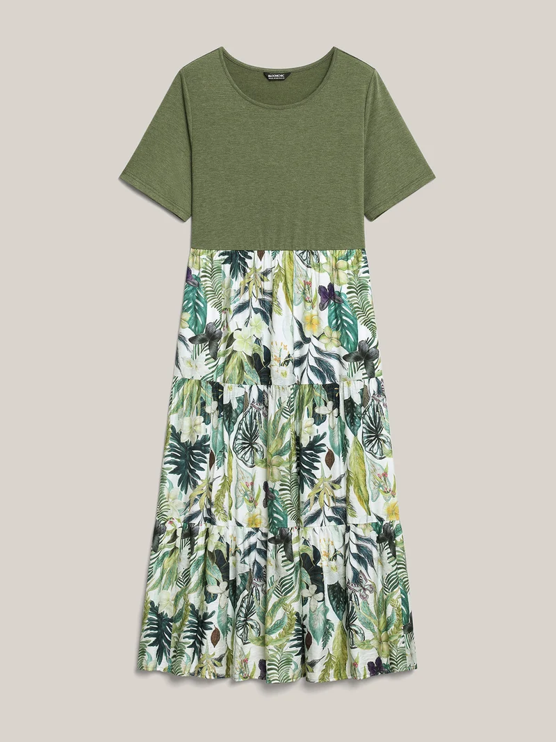 Tropical Floral Print Spliced Maxi Dress