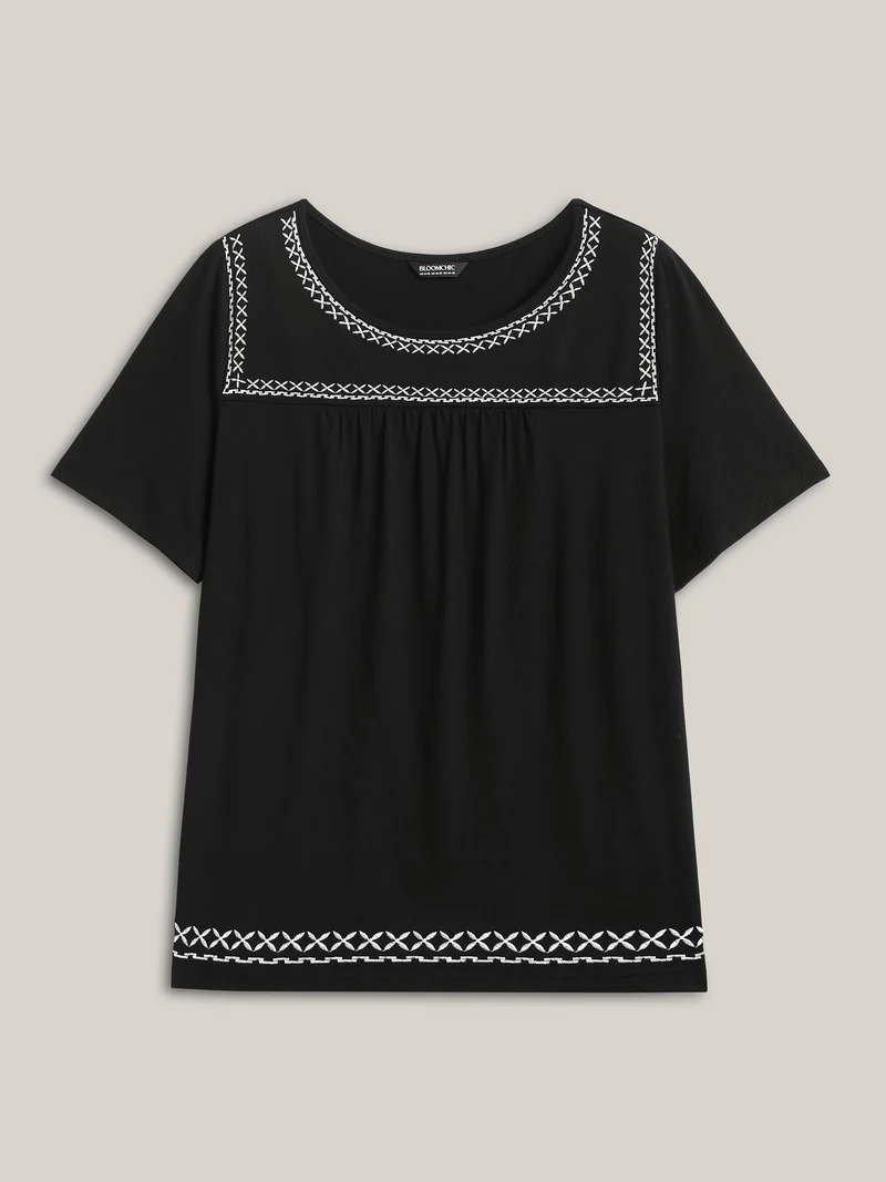 Crisscross Embroidery Straight-Fit T-Shirt