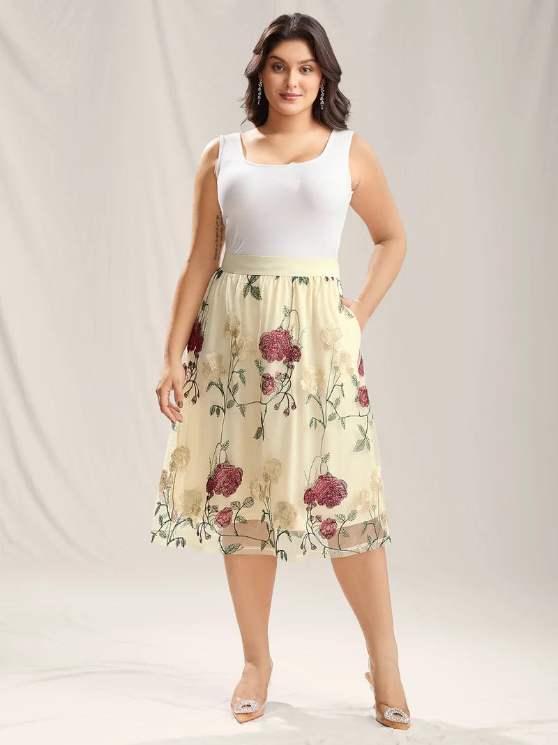 Roses Forever Pleated Lined Midi Skirt