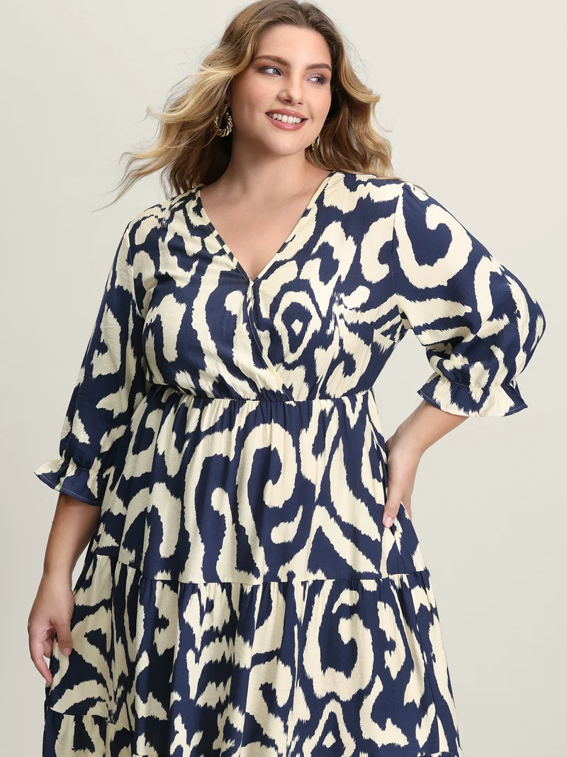 Abstract Print Cinched-Waist Maxi Dress