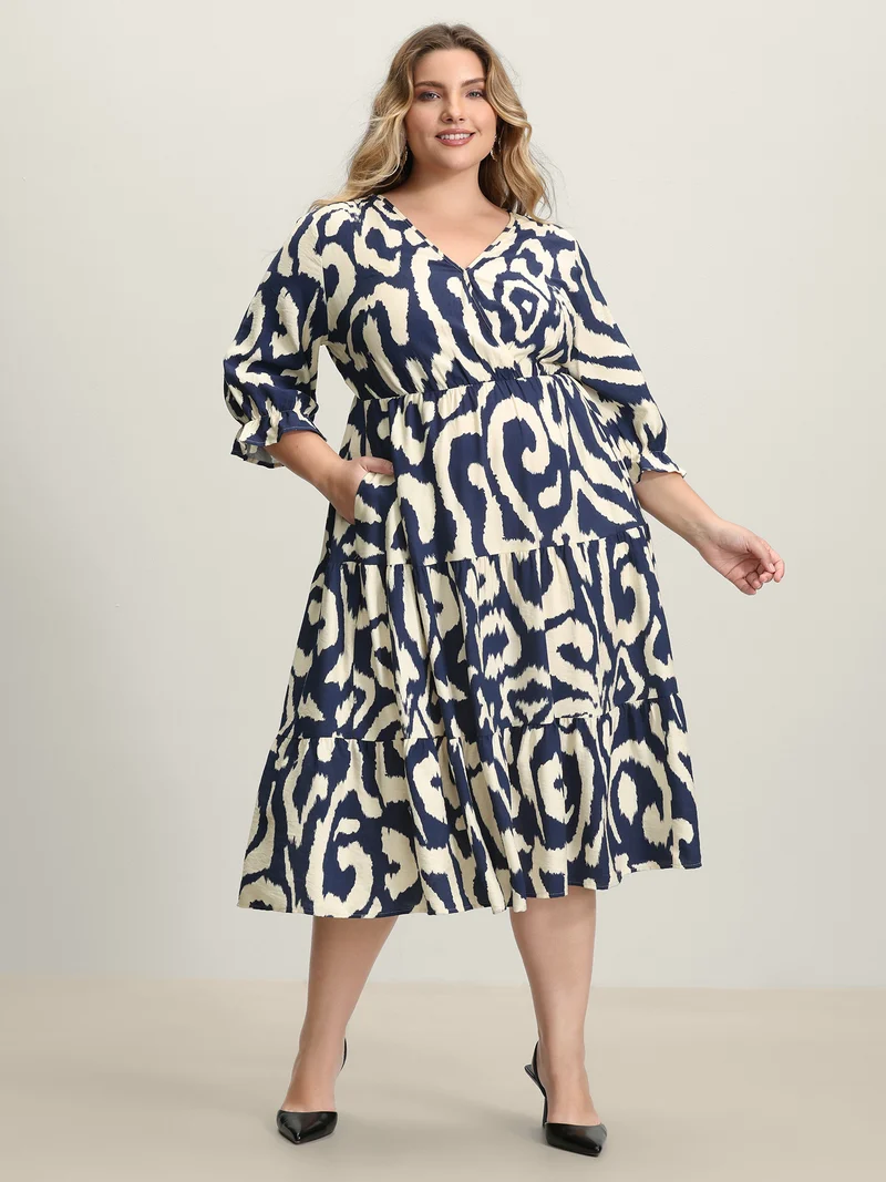 Abstract Print Cinched-Waist Maxi Dress