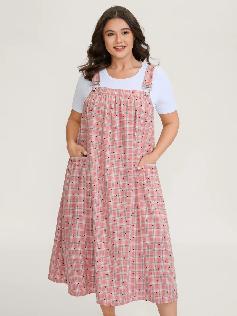 Gingham Overall Adjustable Pockets Midi Dress