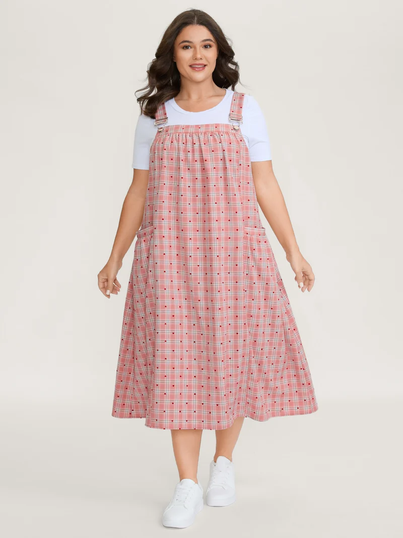 Gingham Overall Adjustable Pockets Midi Dress