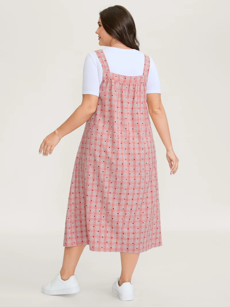 Gingham Overall Adjustable Pockets Midi Dress