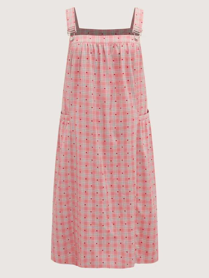 Gingham Overall Adjustable Pockets Midi Dress