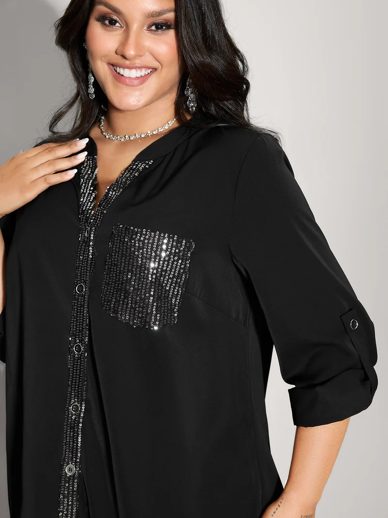 Sequin Pocket Spliced Button Shirt
