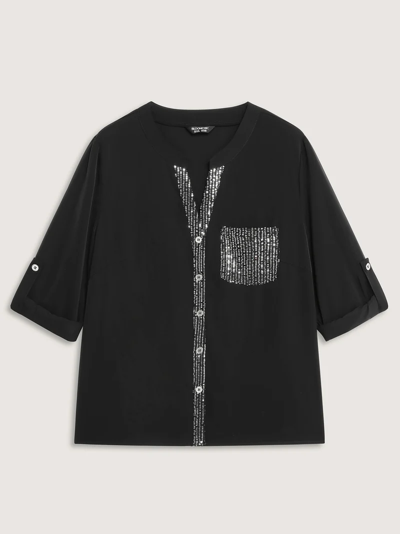 Sequin Pocket Spliced Button Shirt