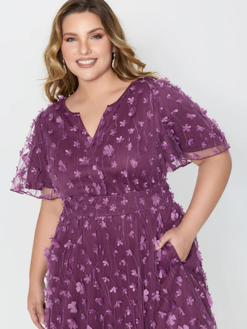 3D Floral Mesh Notched Neckline Midi Dress