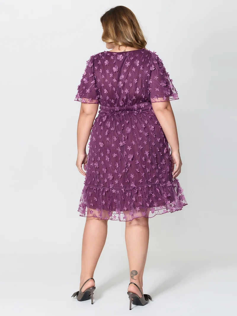 3D Floral Mesh Notched Neckline Midi Dress
