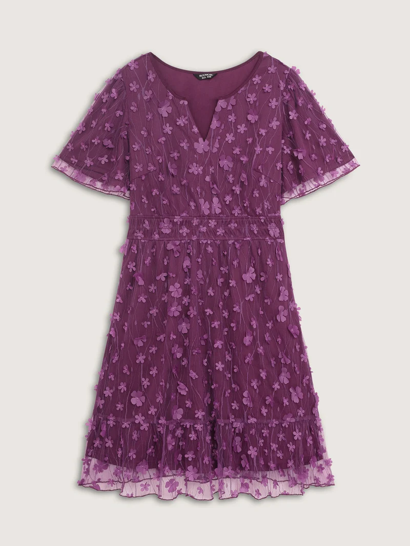 3D Floral Mesh Notched Neckline Midi Dress
