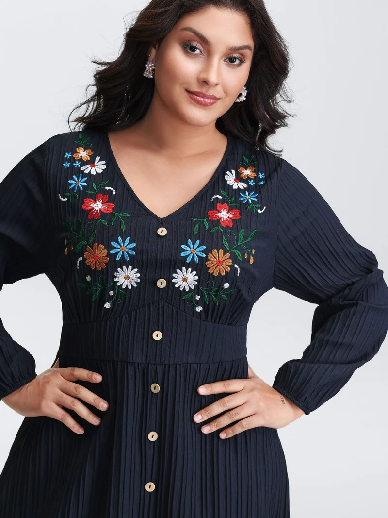 Floral Embroidered Cinched-Waist Midi Dress