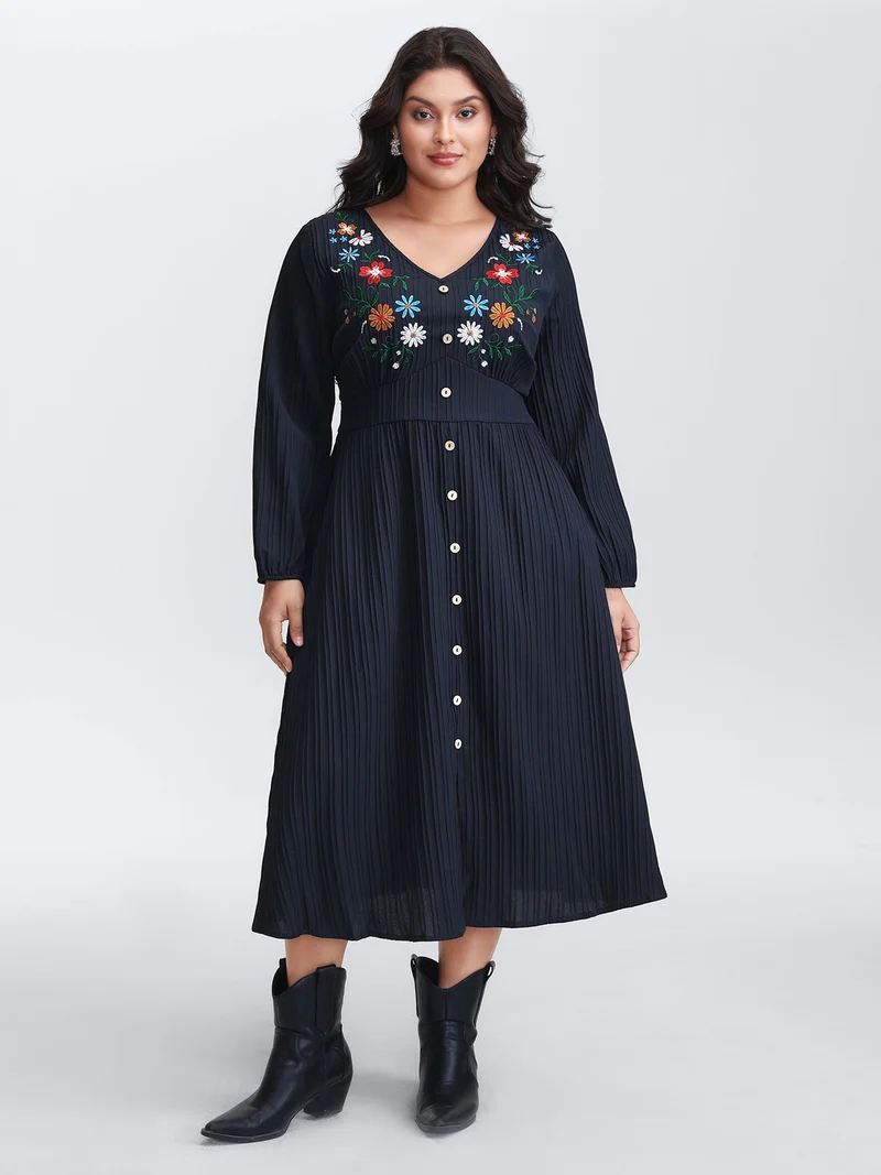 Floral Embroidered Cinched-Waist Midi Dress