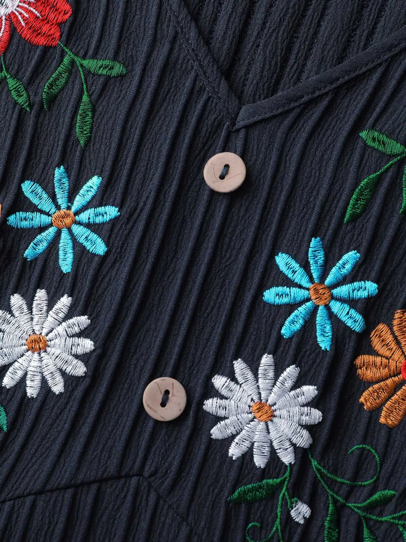 Floral Embroidered Cinched-Waist Midi Dress
