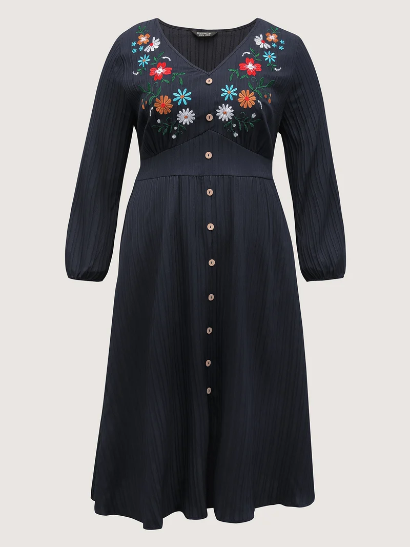 Floral Embroidered Cinched-Waist Midi Dress