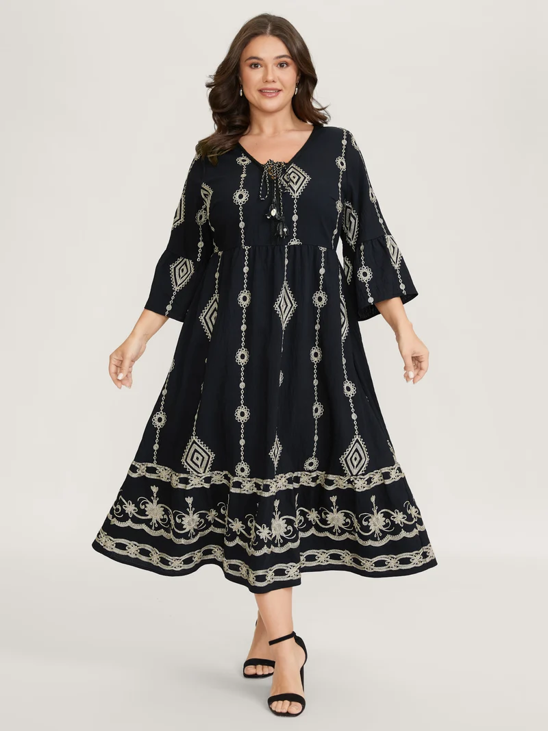 Gold Thread Embroidery Flared Sleeve Midi Dress