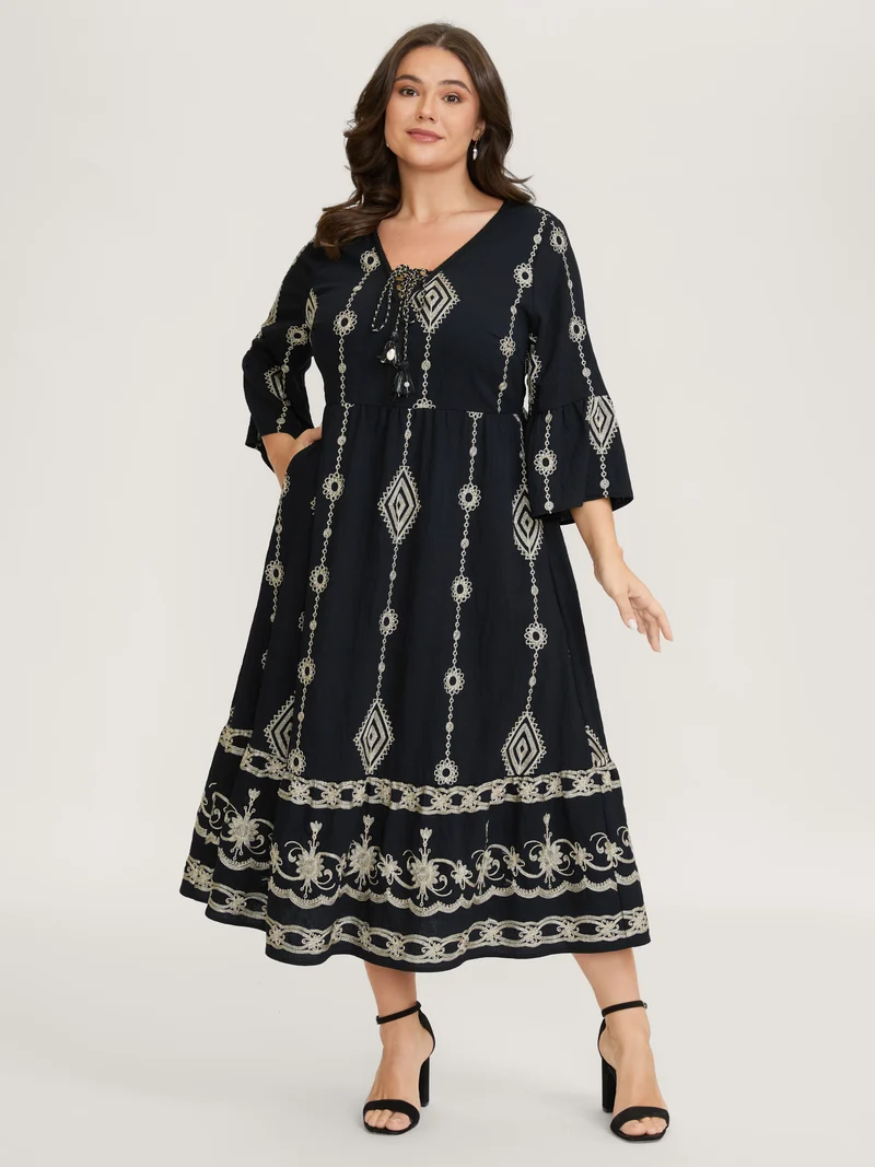 Gold Thread Embroidery Flared Sleeve Midi Dress