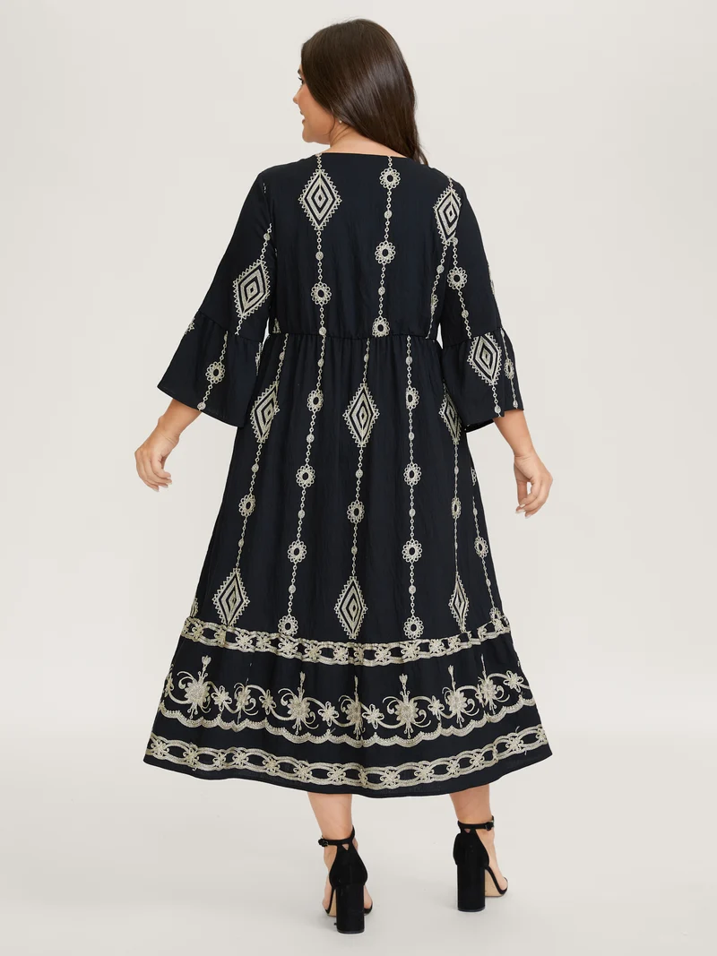 Gold Thread Embroidery Flared Sleeve Midi Dress